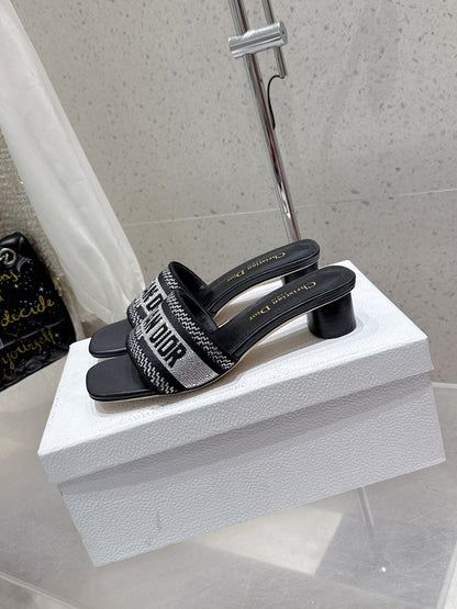 CD 26s Rhinestone Flat Slippers Black Canvas Leather 636390