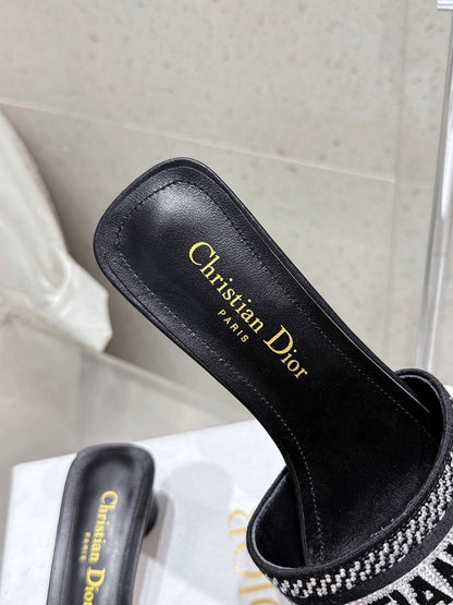 CD 26s Rhinestone Flat Slippers Black Canvas Leather 636390