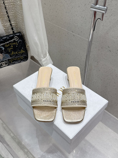 CD 26s Rhinestone Flat Slippers Gold Beige Canvas Leather 636391