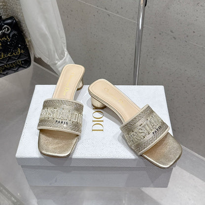 CD 26s Rhinestone Flat Slippers Gold Beige Canvas Leather 636391