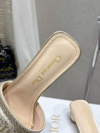 CD 26s Rhinestone Flat Slippers Gold Beige Canvas Leather 636391