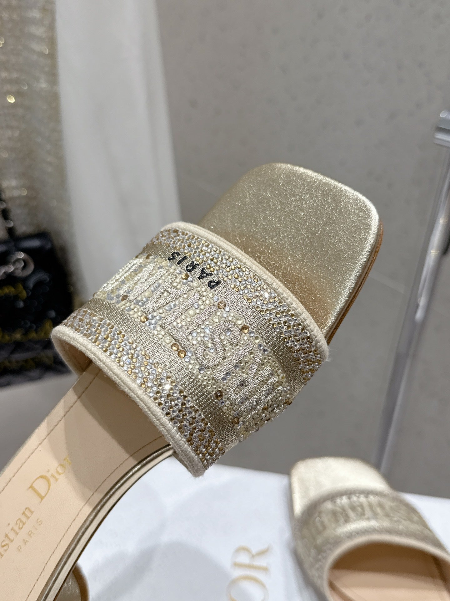 CD 26s Rhinestone Flat Slippers Gold Beige Canvas Leather 636391