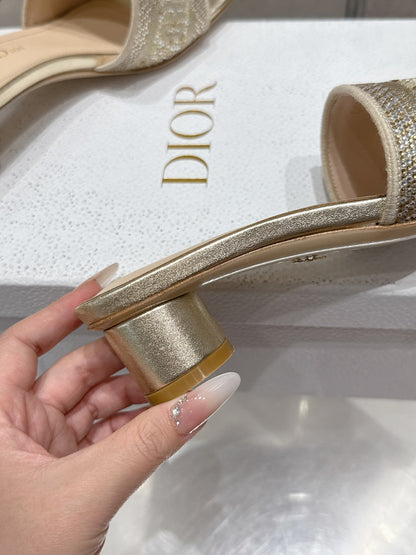 CD 26s Rhinestone Flat Slippers Gold Beige Canvas Leather 636391
