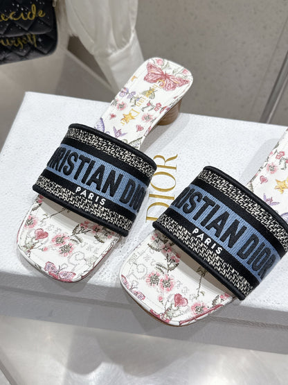 CD 26s Embroidered Flat Slippers White Blue Multicolor Canvas Leather 636393