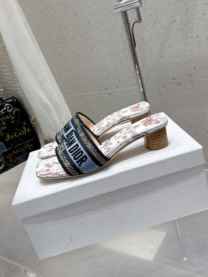CD 26s Embroidered Flat Slippers White Blue Multicolor Canvas Leather 636393