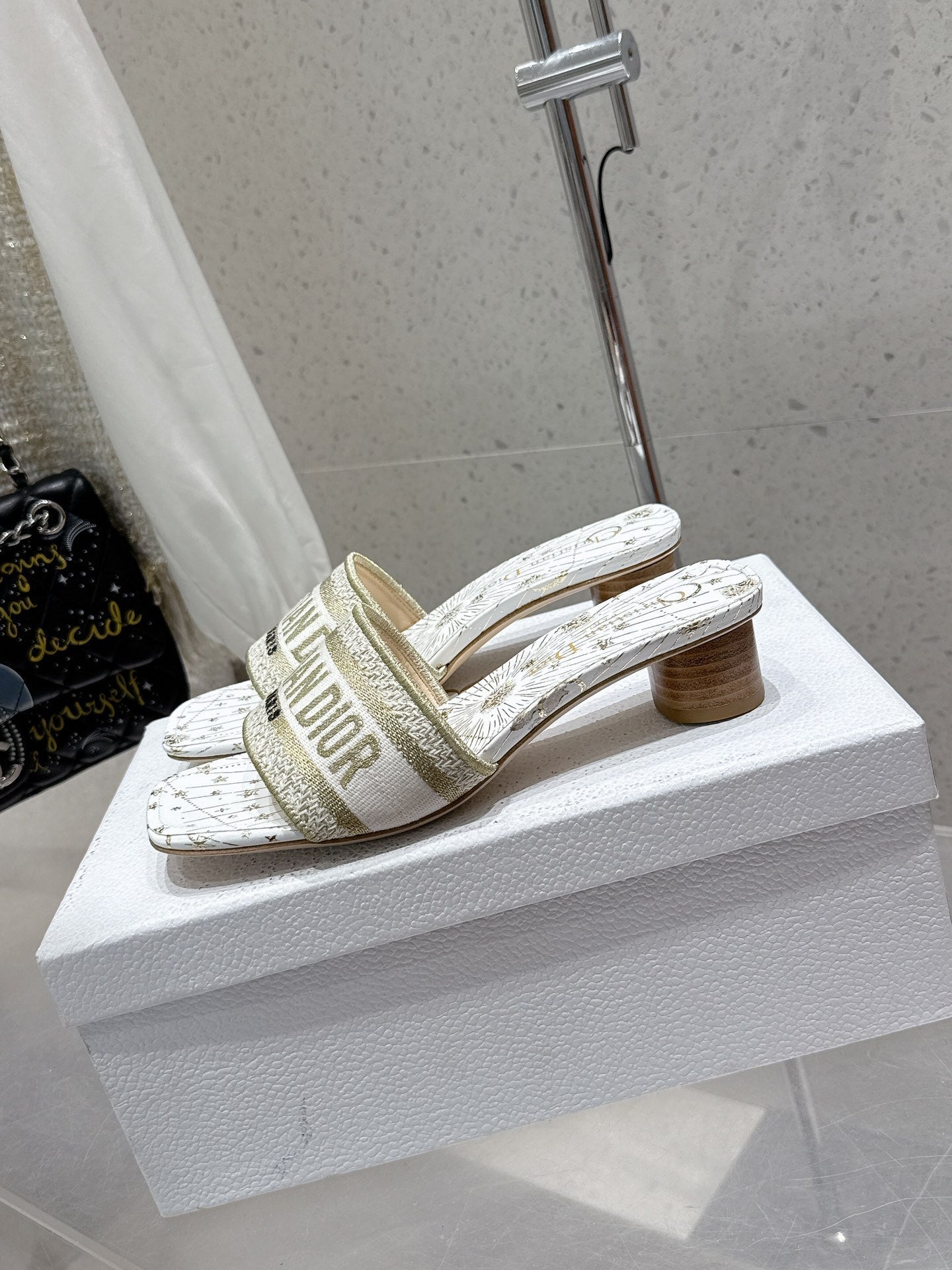 CD 26s Embroidered Flat Slippers White Gold Canvas Leather 636394