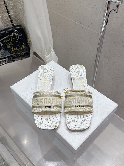 CD 26s Embroidered Flat Slippers White Gold Canvas Leather 636394