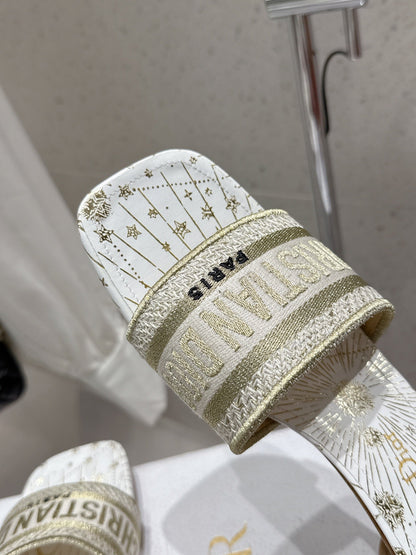 CD 26s Embroidered Flat Slippers White Gold Canvas Leather 636394