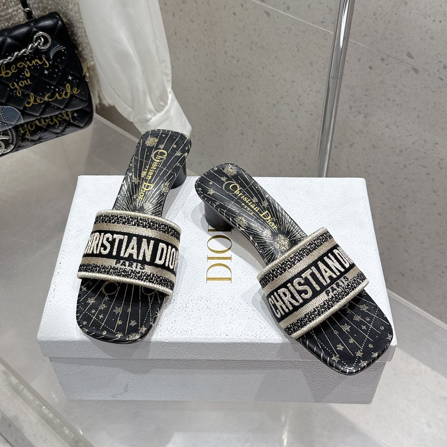 CD 26s Embroidered Flat Slippers Black Gold Canvas Leather 636395