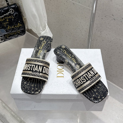 CD 26s Embroidered Flat Slippers Black Gold Canvas Leather 636395