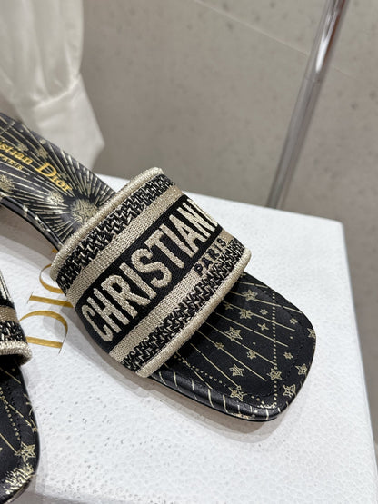 CD 26s Embroidered Flat Slippers Black Gold Canvas Leather 636395