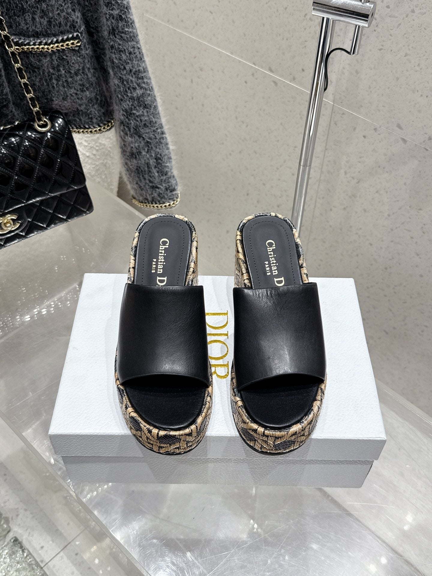 CD 26s Platform Sandal 65 Black Beige Monogram Leather 636355