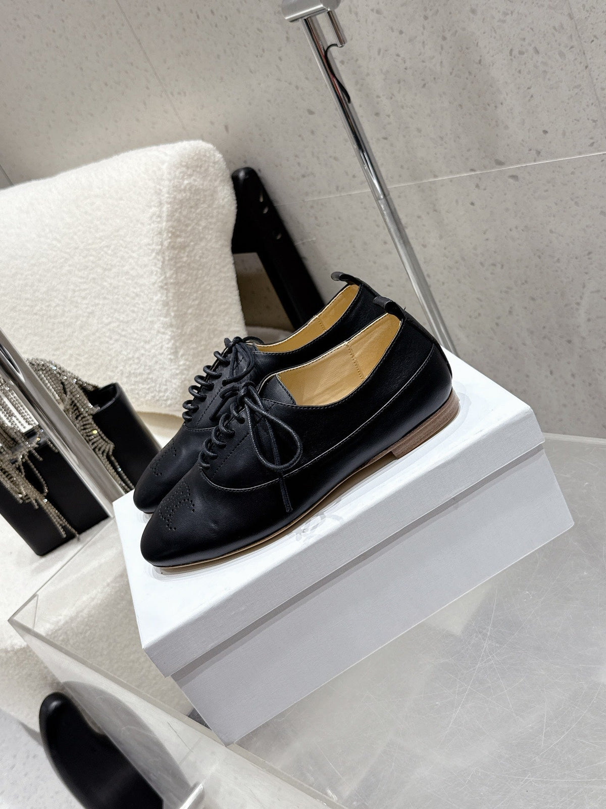 Celine 25 Lise Perforated Triomphe Richelieu Shoe Black Lambskin 554195