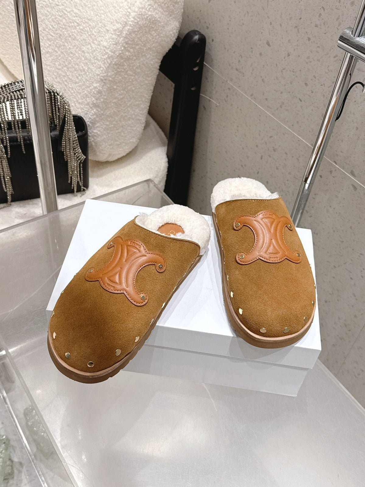 Celine Pitea Clogs Brown Suede Calfskin Shearling 610960