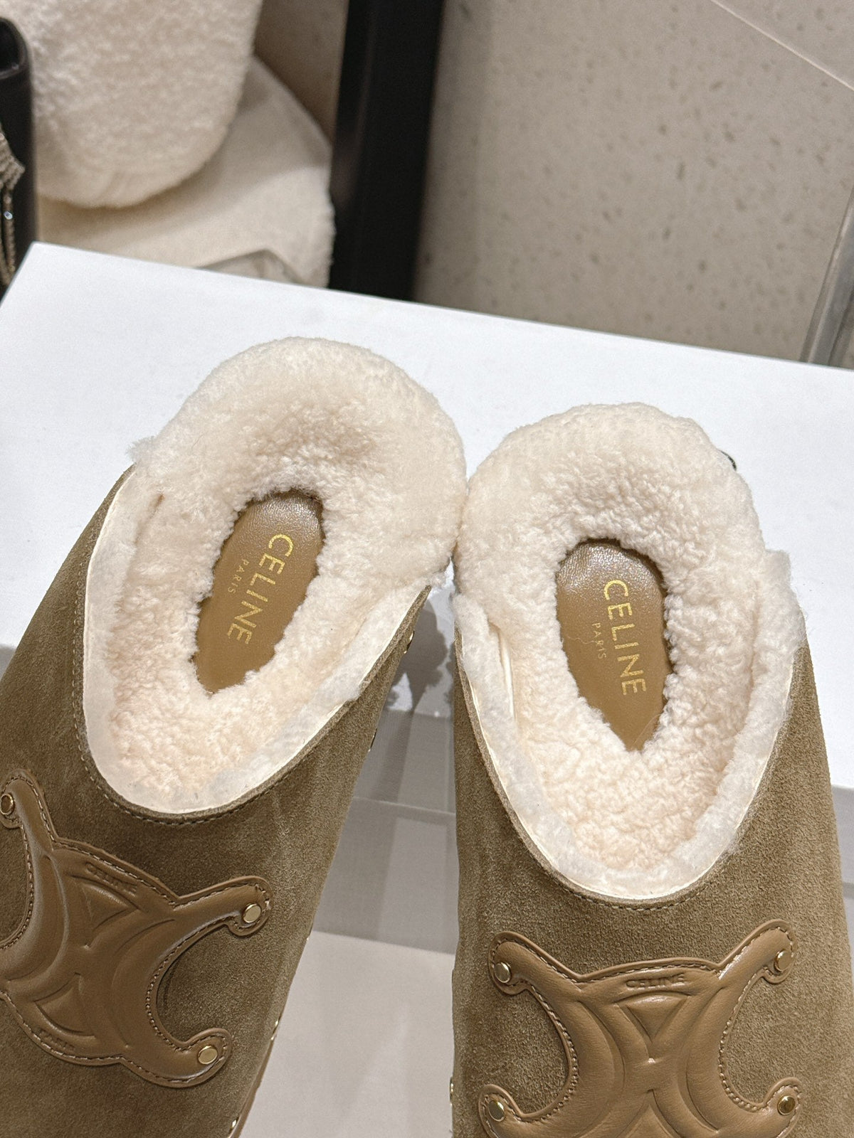 Celine Pitea Clogs Taupe Suede Calfskin Shearling 610961