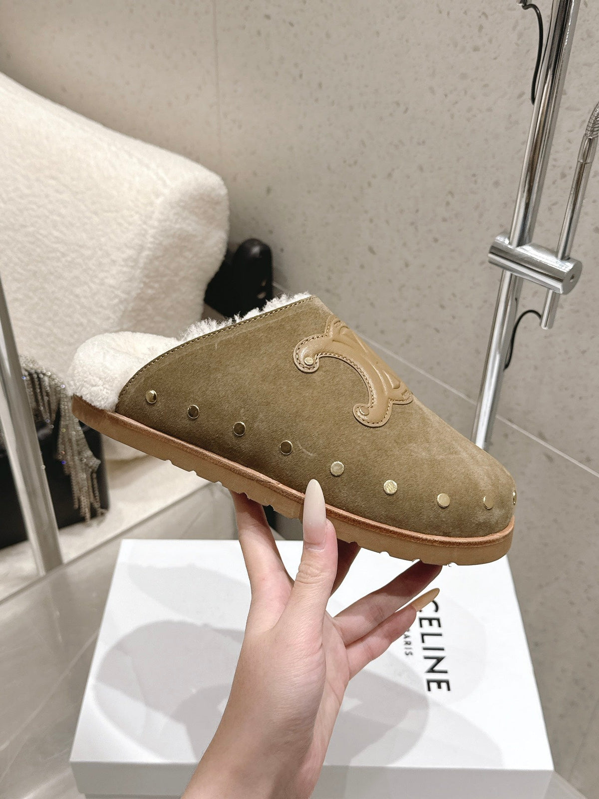Celine Pitea Clogs Taupe Suede Calfskin Shearling 610961