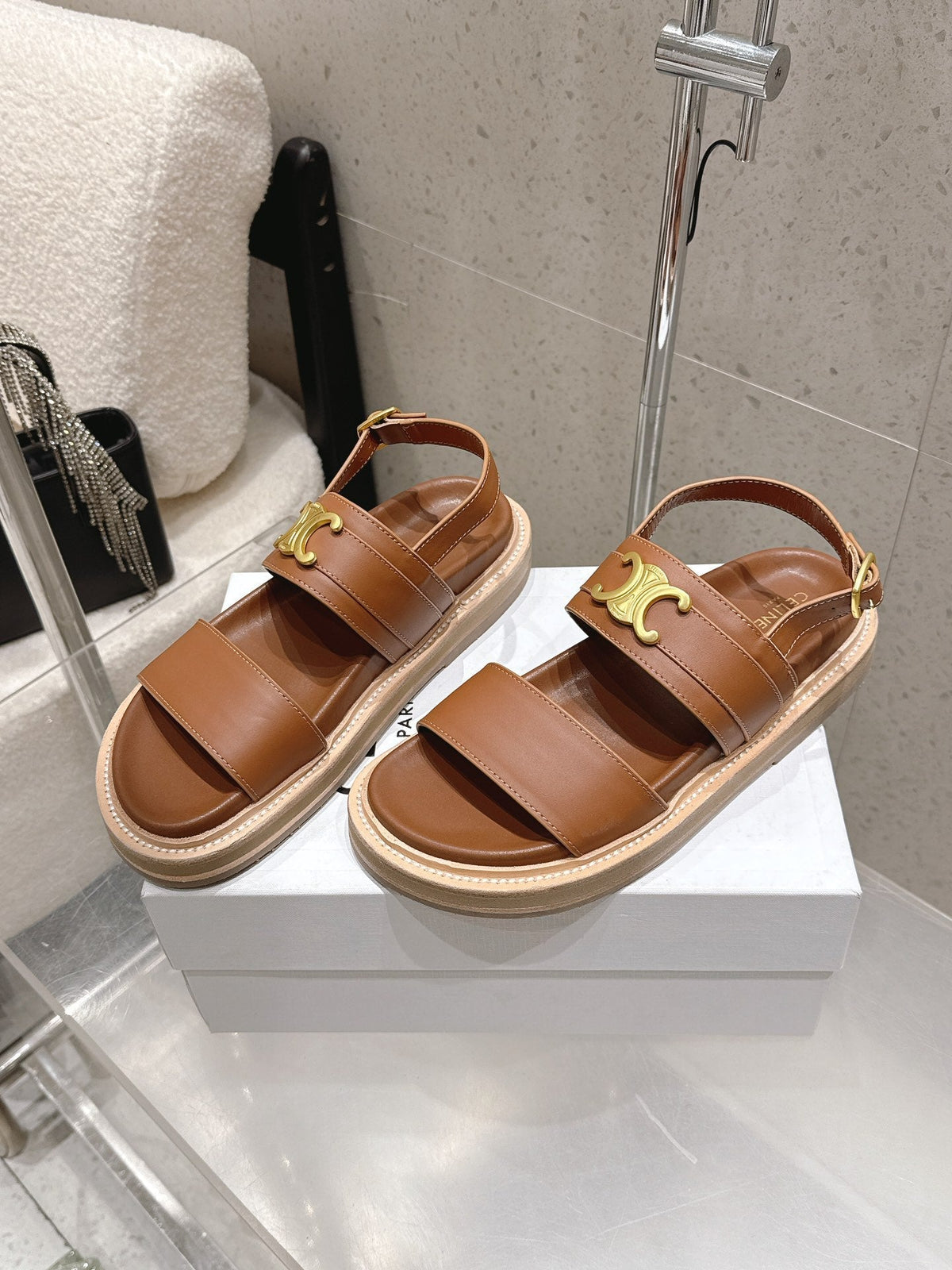 Celine Triomphe Sandals Brown Calfskin 610938