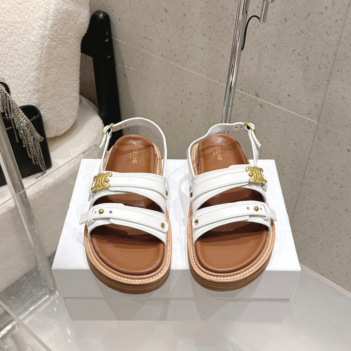 Celine Tippi Triomphe Sandals White Brown Calfskin 610941