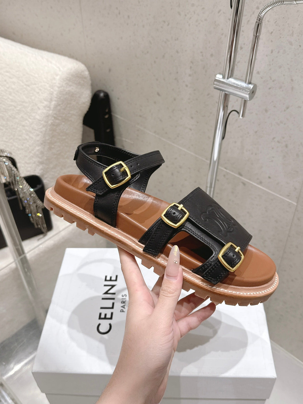 Celine Triomphe Sandals Black Brown Leather 610942