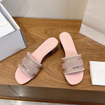 CD 26s Embroidered Sandals Pink Canvas Leather 685602