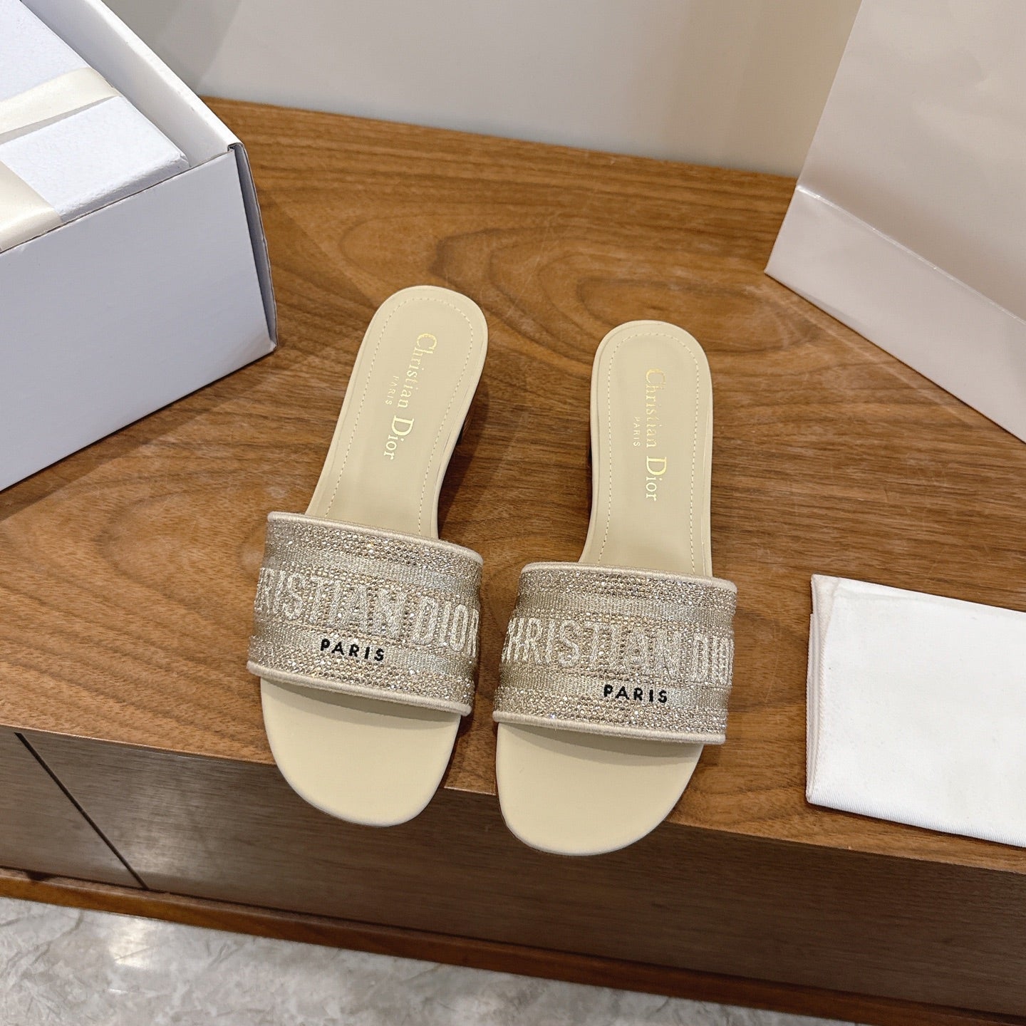 CD 26s Embroidered Sandals Beige Canvas Leather 685603
