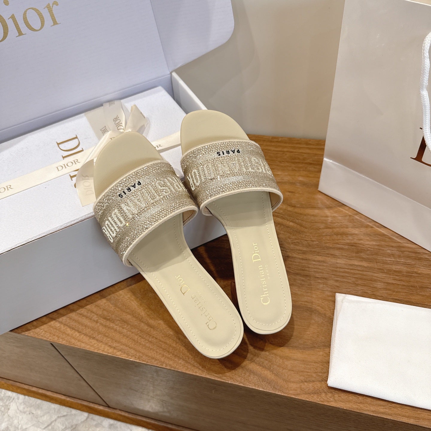 CD 26s Embroidered Sandals Beige Canvas Leather 685603