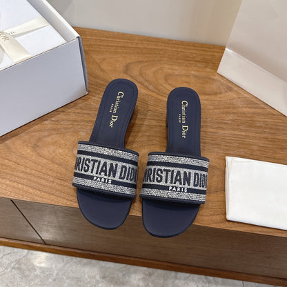 CD 26s Embroidered Sandals Navy Blue Canvas Leather 685606