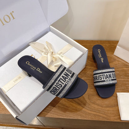 CD 26s Embroidered Sandals Navy Blue Canvas Leather 685606