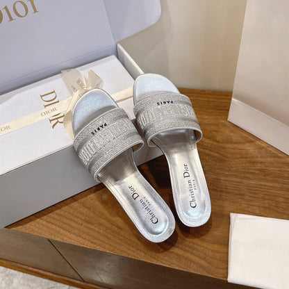 CD 26s Embroidered Sandals Sliver Canvas Leather 685607
