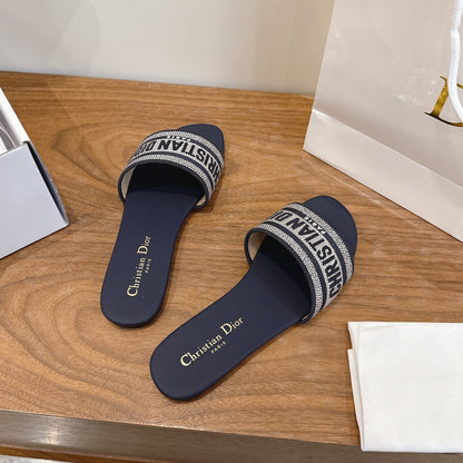 CD 26s Embroidered Sandals Navy Blue Canvas Leather 685606