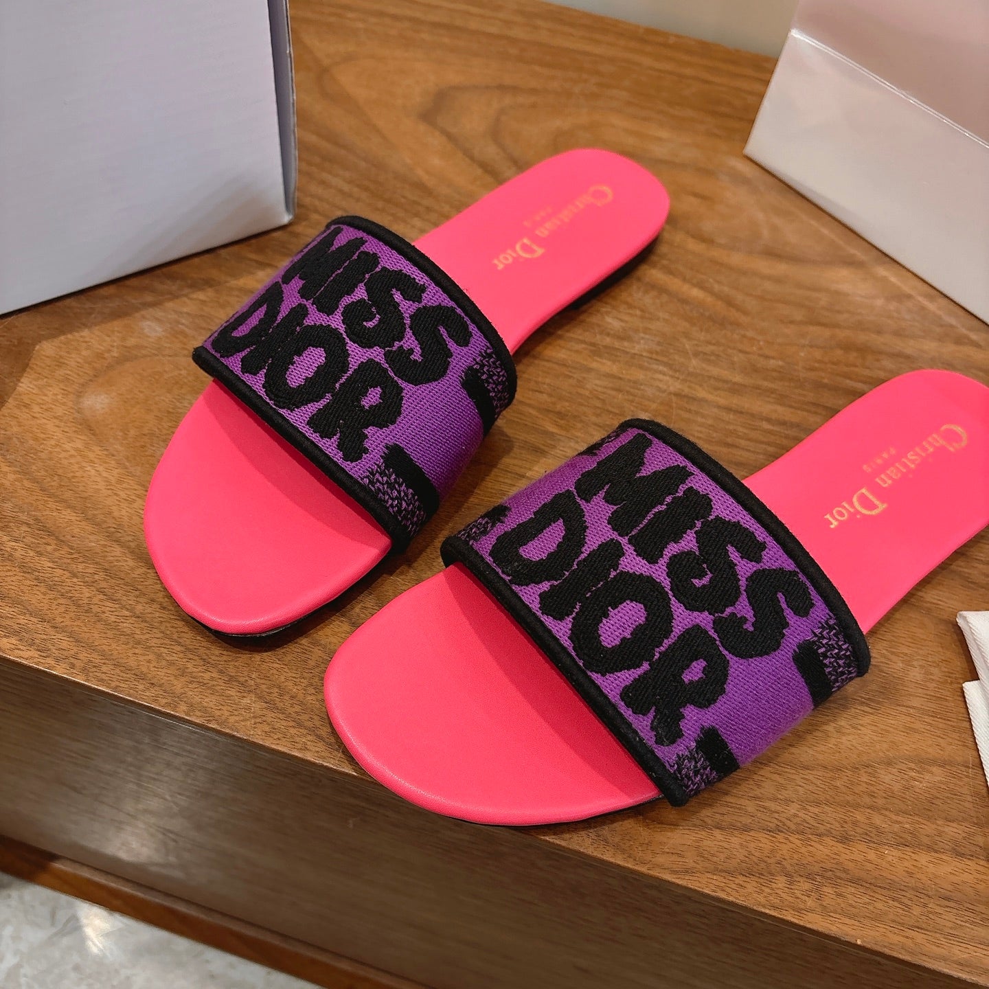 CD 26 Flat Sandals Pink Purple Canvas Cowhide 685062