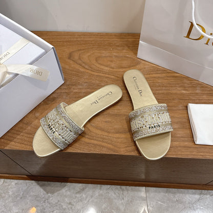 CD 26s Embroidered Sandals Gold Champage  Canvas Leather 685616