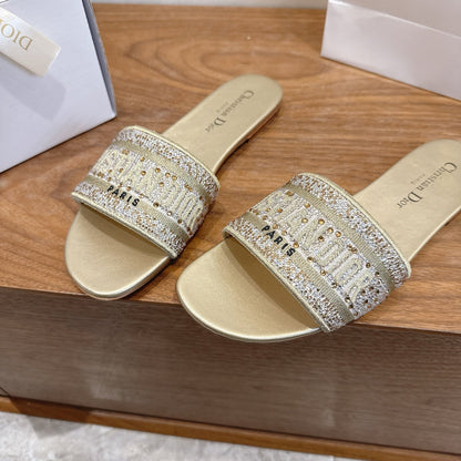 CD 26s Embroidered Sandals Gold Champage  Canvas Leather 685616