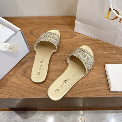 CD 26s Embroidered Sandals Gold Champage  Canvas Leather 685616