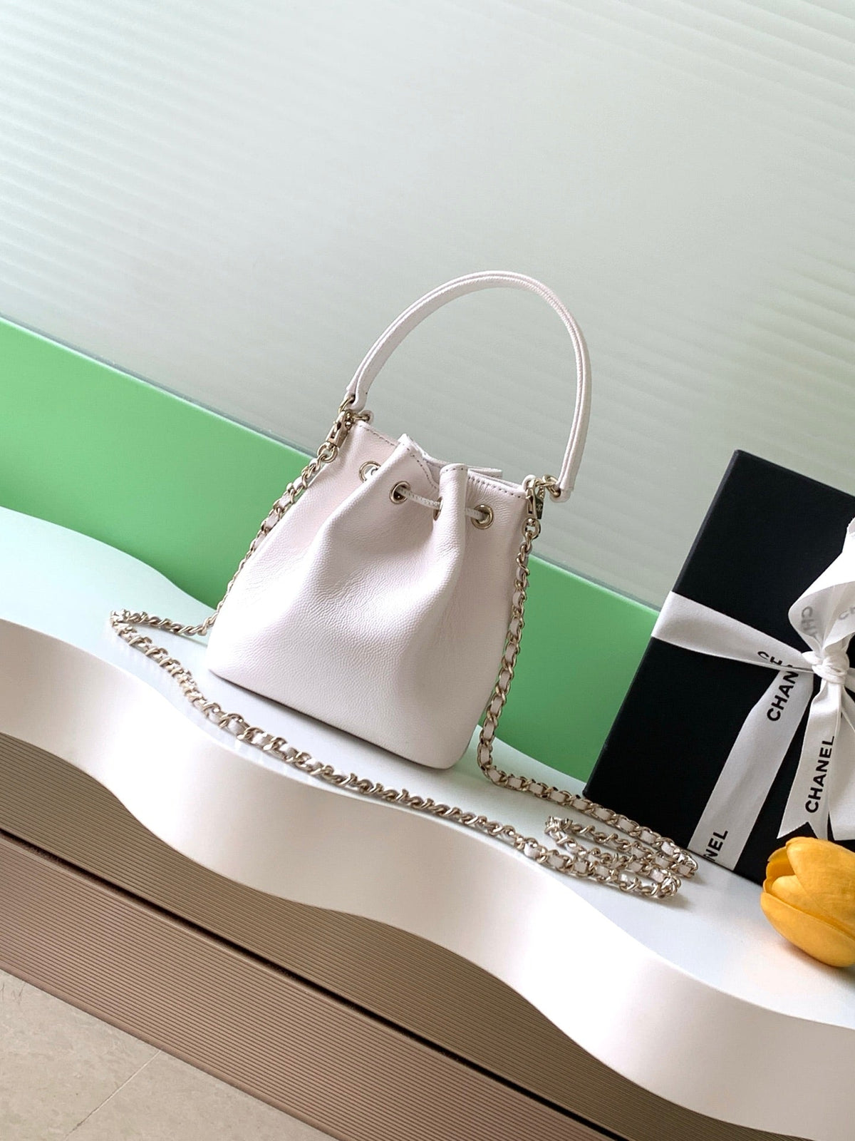 CC Mini Pocket Bucket Bag White Caviar Leather Light GHW 269199