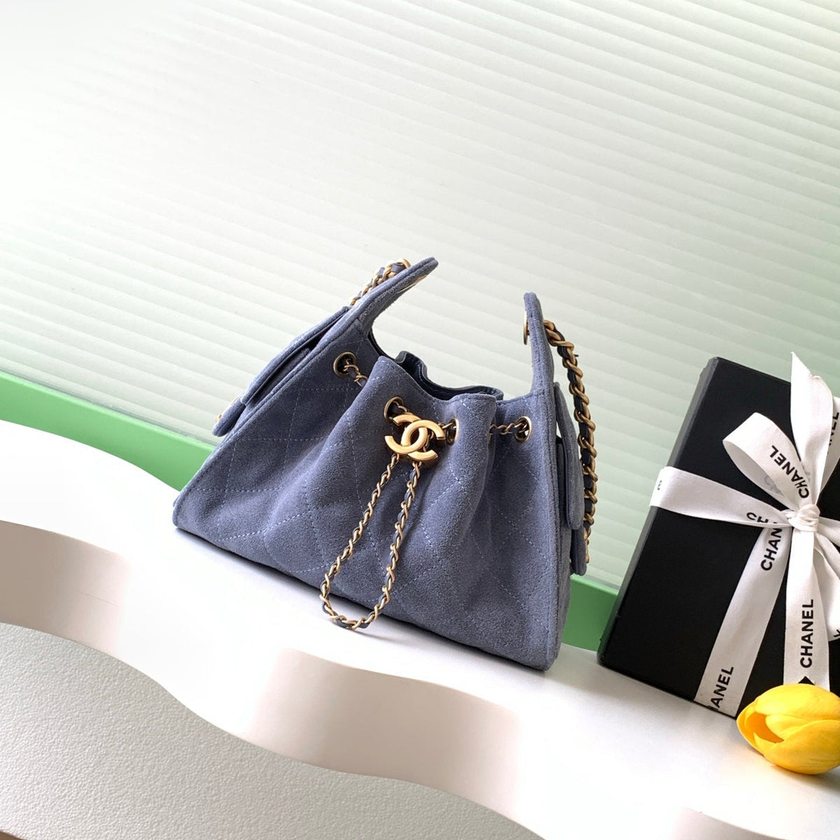 Chanel 25S Hobo Bag 22 in Blue Gray Suede with Gold Hardware