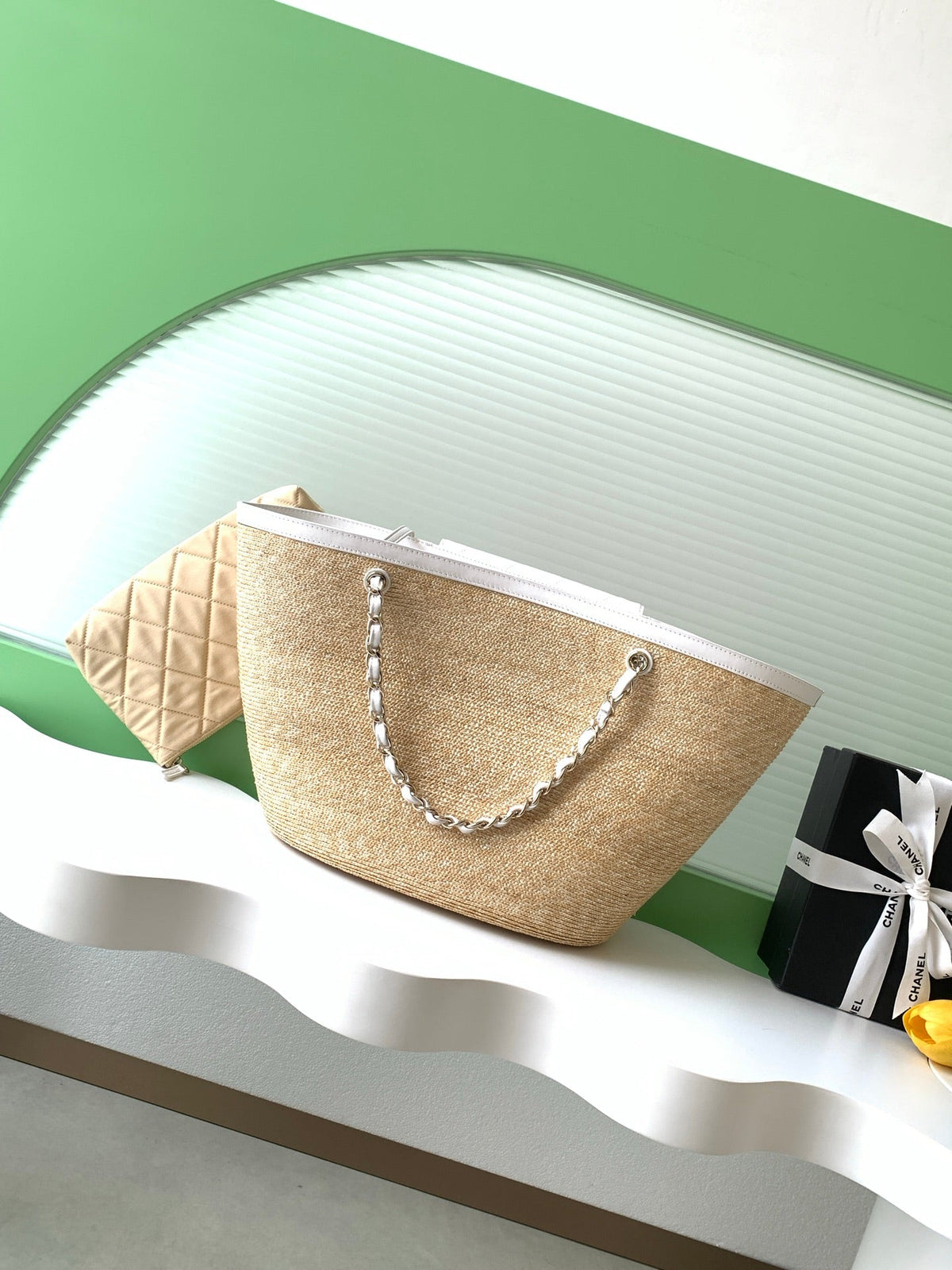 CC 2026 Large Shopping Bag Beige White Straw Calfskin