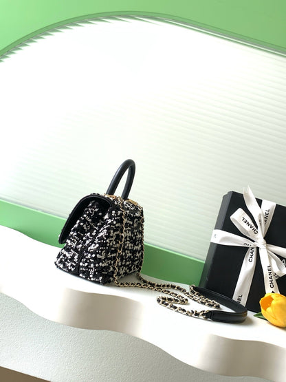 Chanel 2026 Top Handle Bag 19cm Black White Sequin Leather