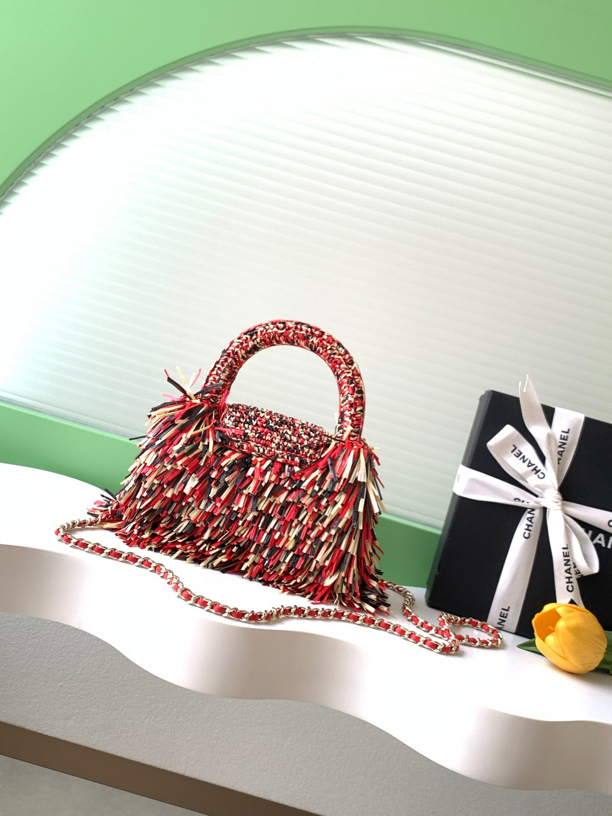 CC 2026 Mini Shopping Bag Black Red Yellow Raffia Fringe
