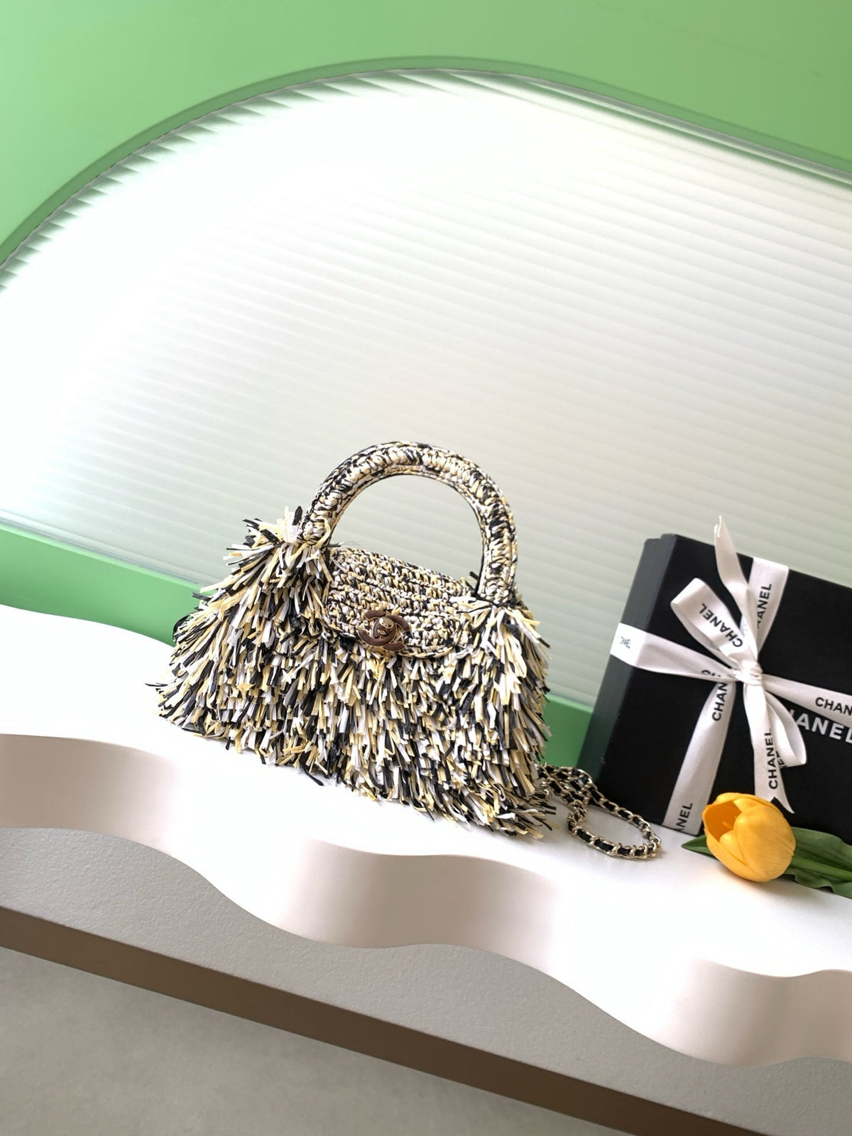 CC 2026 Mini Shopping Bag Black White Yellow Raffia Fringe