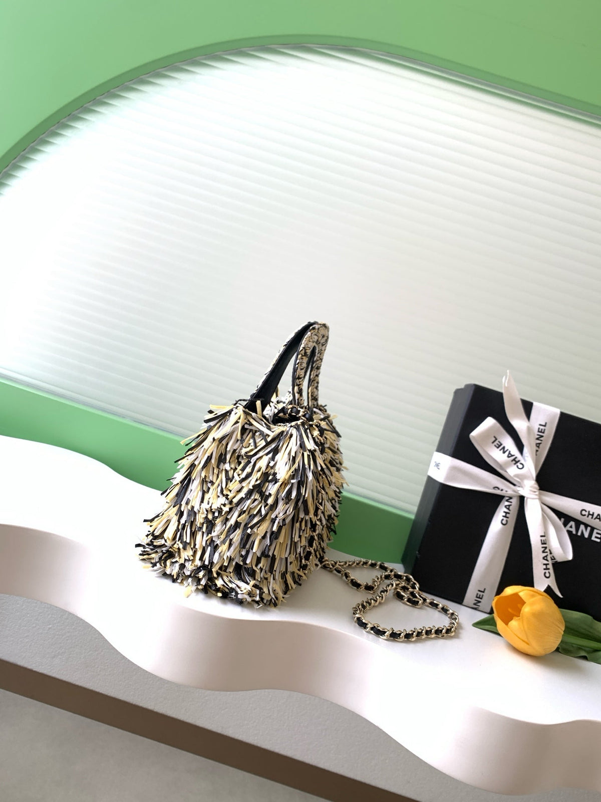 CC 2026 Mini Shopping Bag Black White Yellow Raffia Fringe