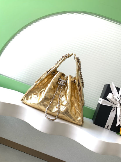 Chanel 2026 Hobo Shoulder Bag Gold And Silver Metallic Calfskin