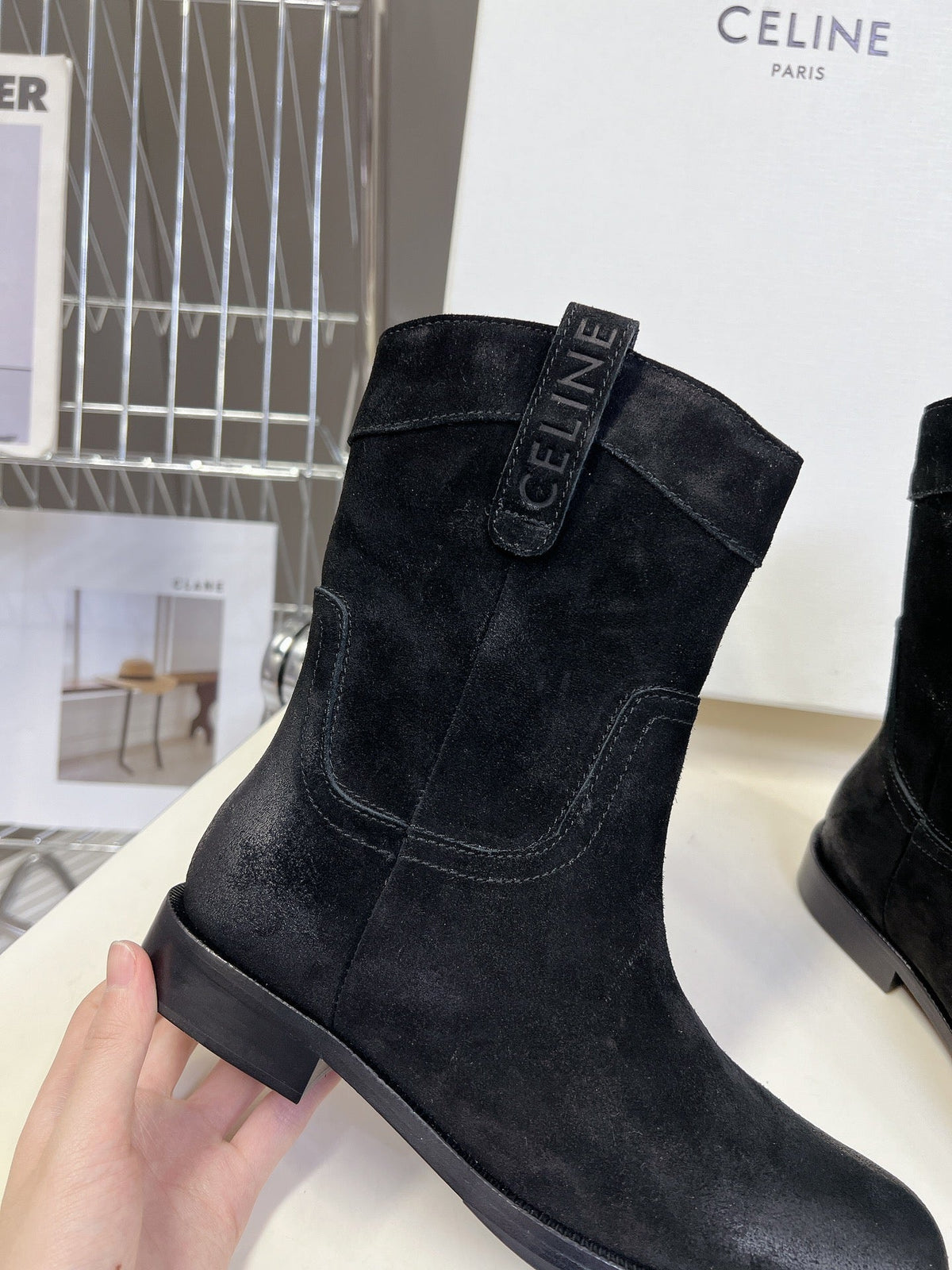 CELINE 25 cowboy boots black suede 434414