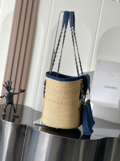 Chanel 2026 Deauville Bag 54cm Blue Beige Denim Straw