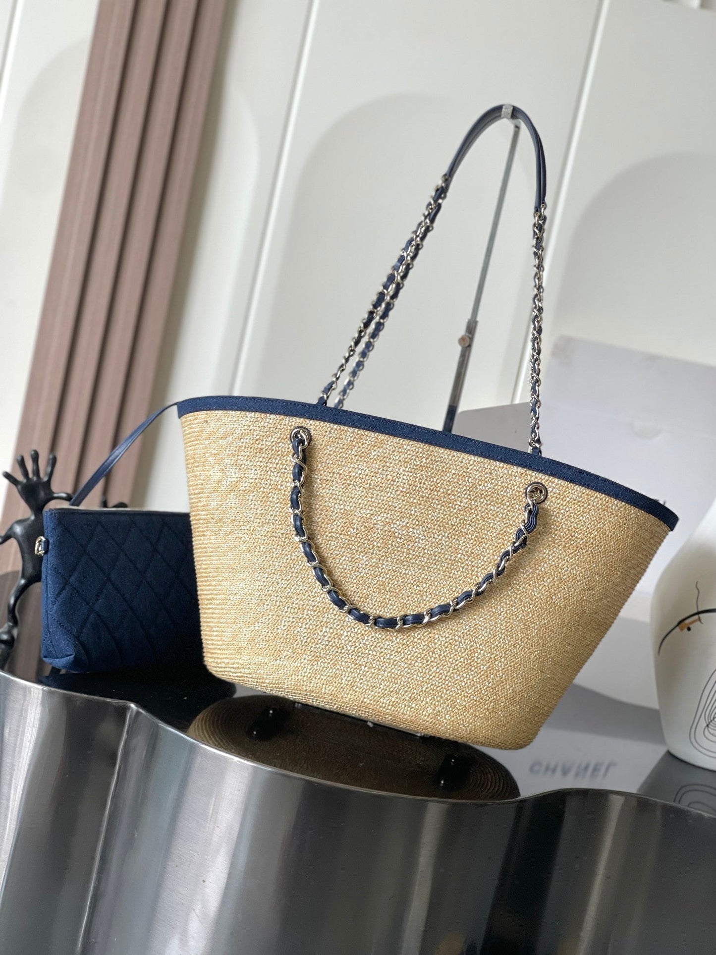Chanel 2026 Deauville Bag 54cm Blue Beige Denim Straw