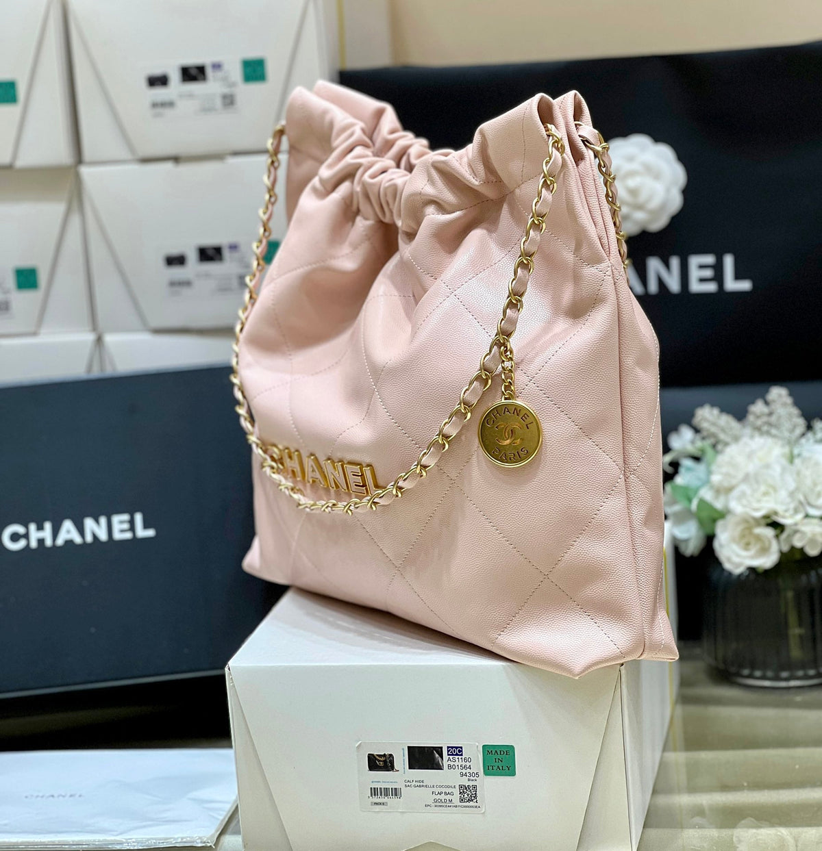 CC 24K Hobo 22 Bag Light Pink Grained Calfskin