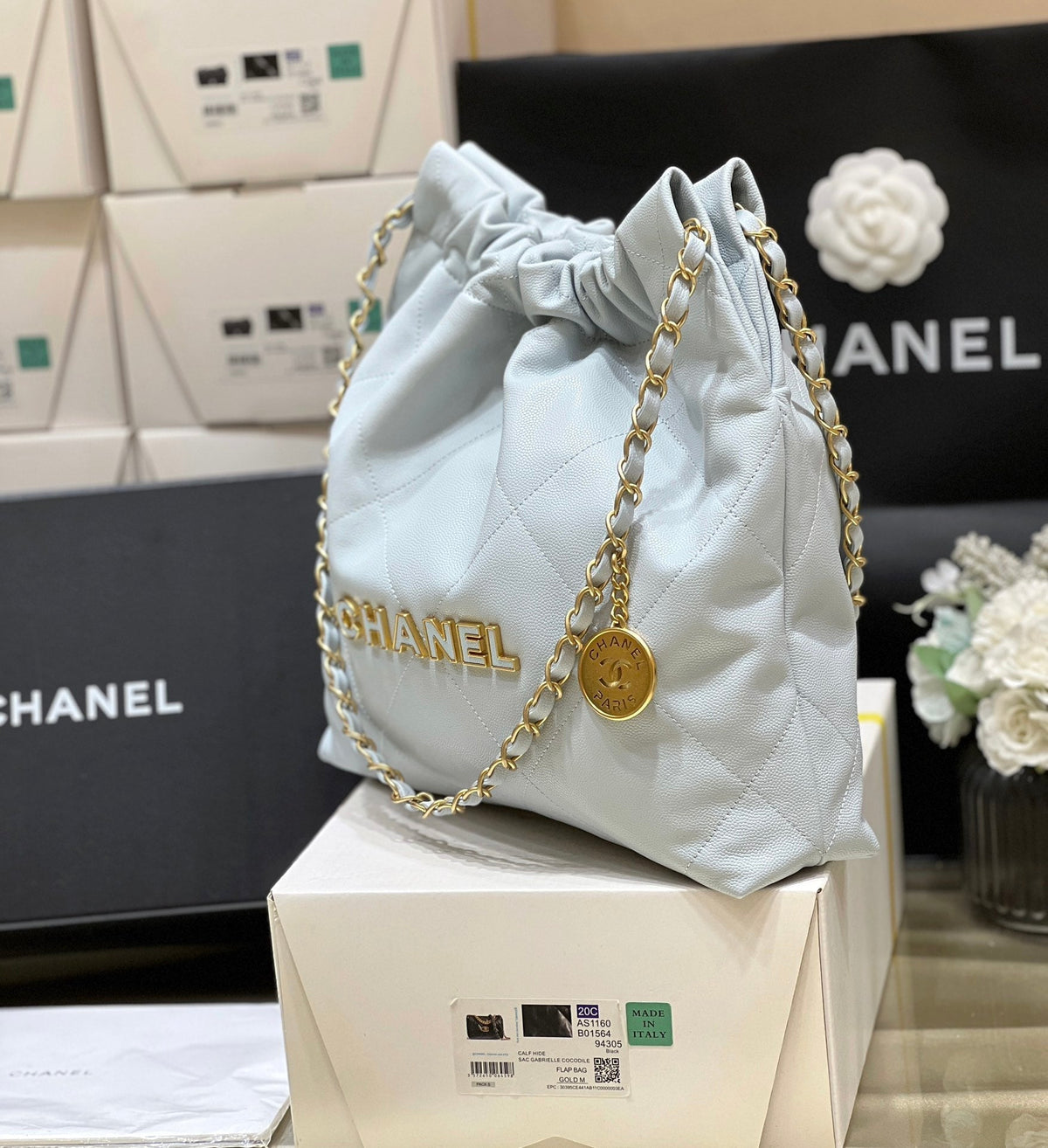 CC 24K Hobo 22 Bag Cloud Blue Grained Calfskin