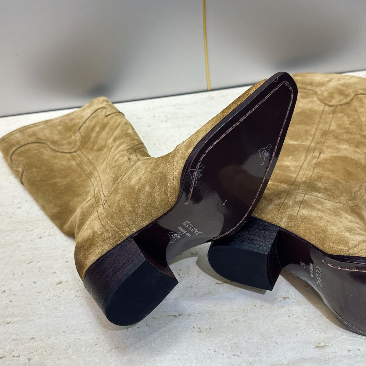 Celine 26s Mid-Calf Boots 4.5cm Khaki Suede 959447