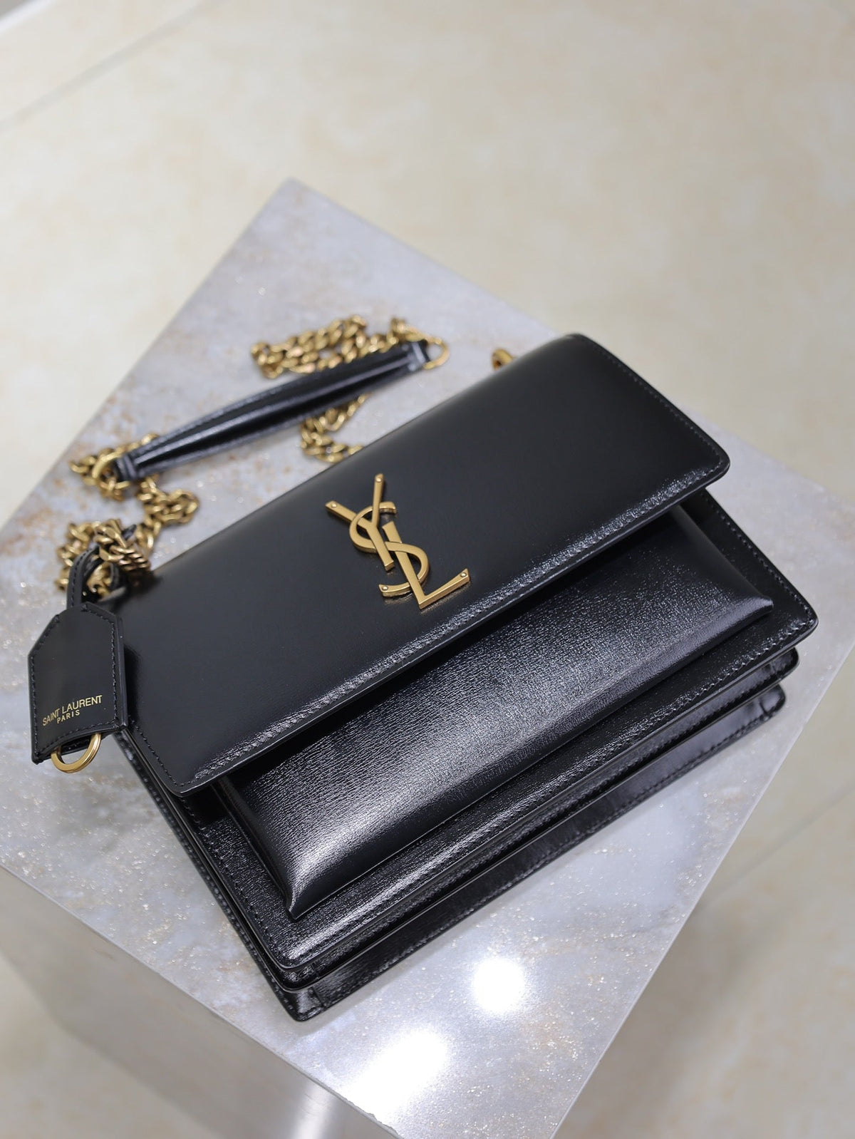 YSL Medium Sunset Shoulder Bag 22cm Black Cowhide GHW