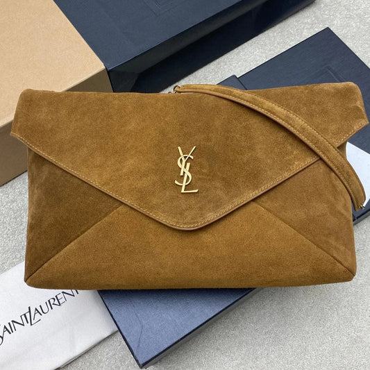 YSL 2026 Cassandre Large Pouch on Chain 35cm Brown Suede
